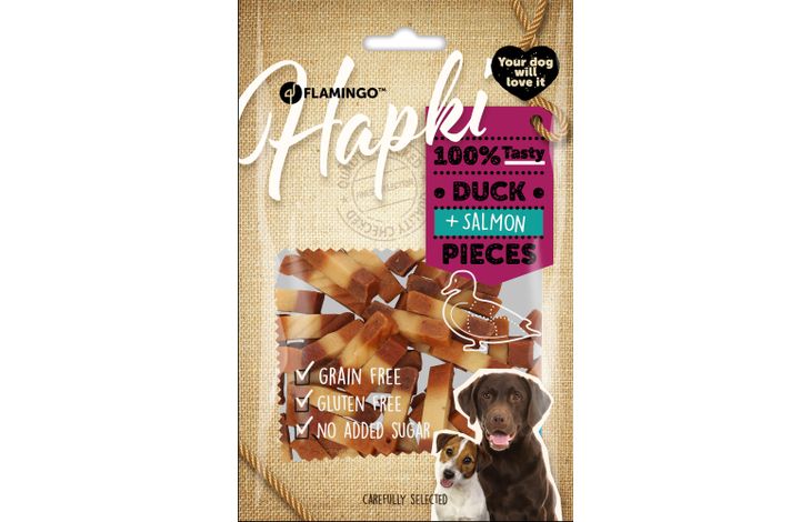 Hundesnack Hapki chunks med and og laks 85gr