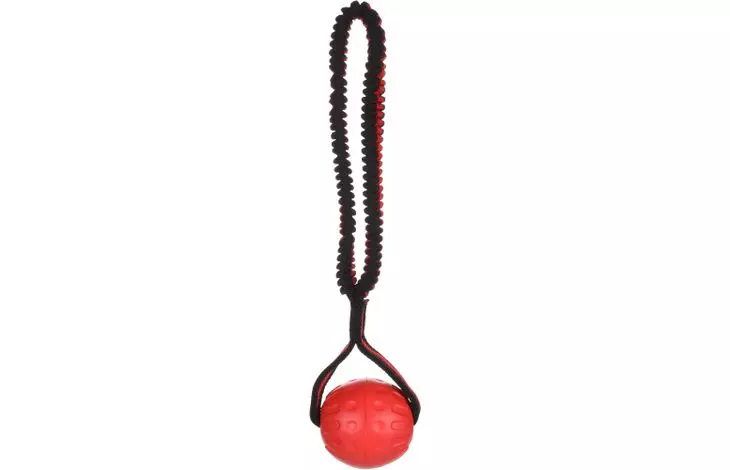 Hundeleke Strekta ball rød med sort strikk. 36cm L x 8.5cm W x 7cm H