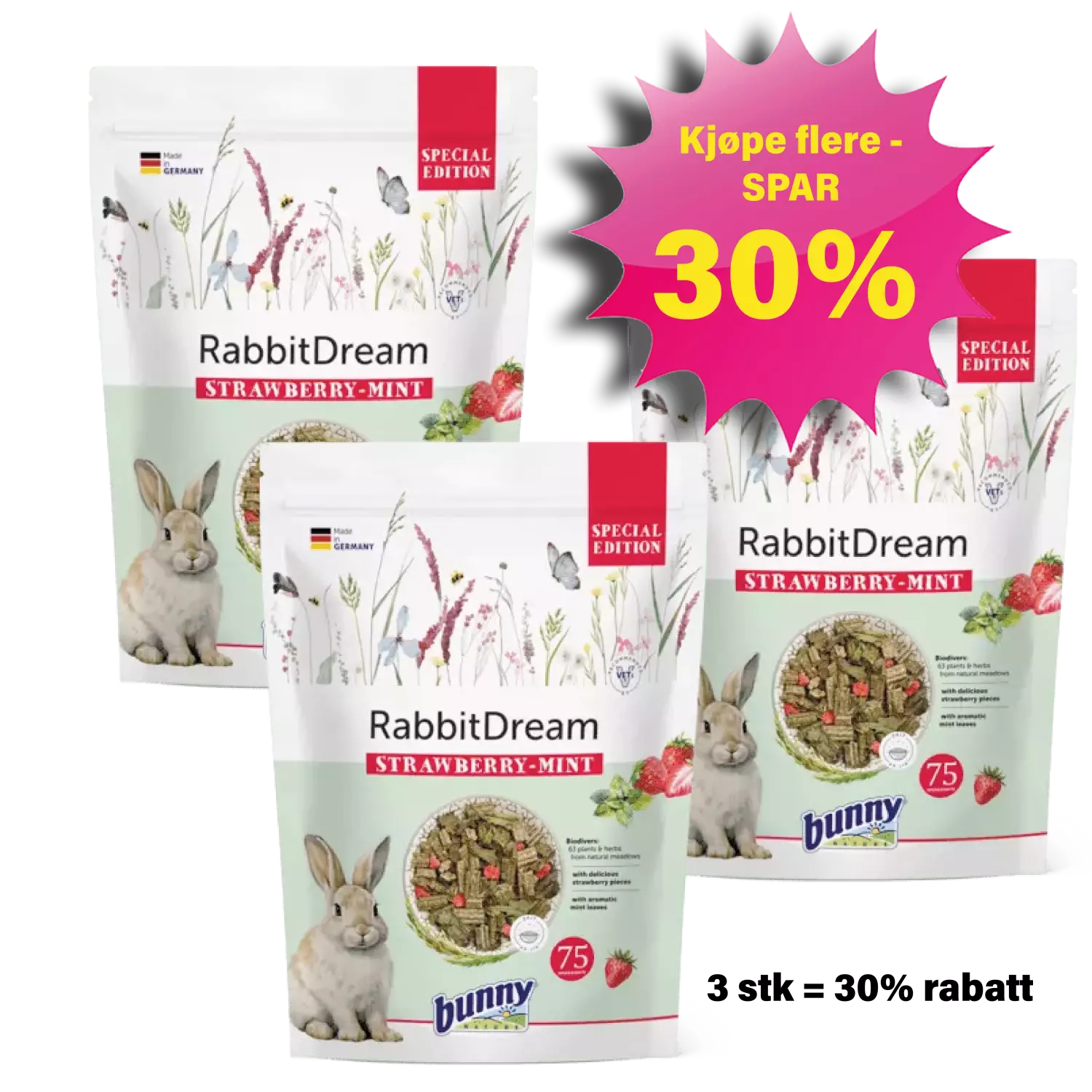 RabbitDream kaninmat SpecialEdition Strawberry/Mint 3x1,5kg, Bunny