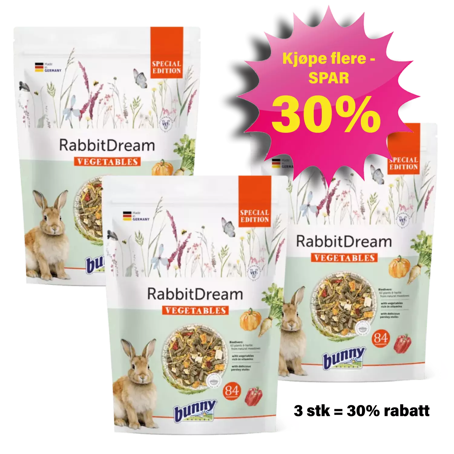 RabbitDream SPECIAL EDITION Vegetables kaninmat 3x1,5kg, BunnyNature