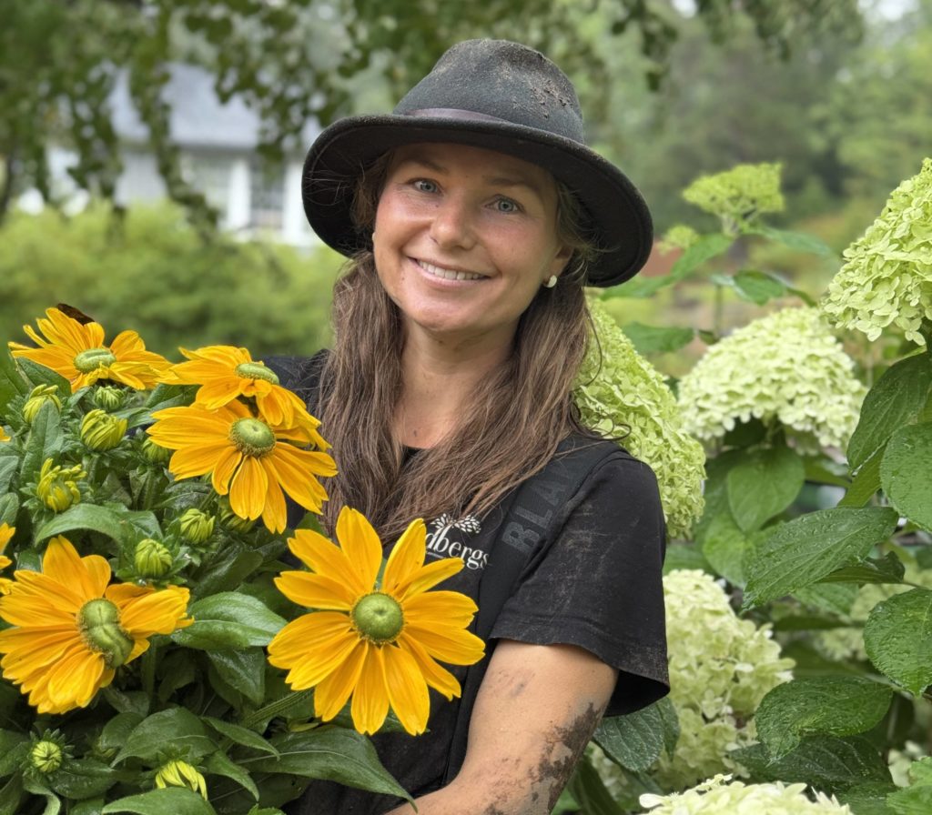 Gina fra Lundbergs Planteskole holder en stor solhatt plante med syrinhortensia i bakgrunn