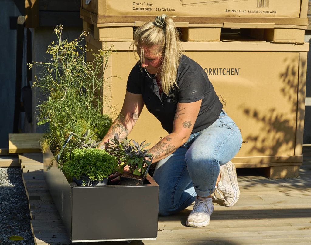 Teresa Lundberg planter grønne urter i sort blomsterkasse