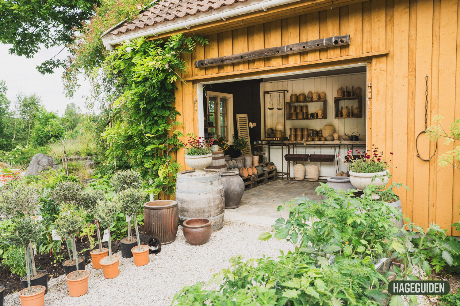 Det gule huset med blomsterpotter, krukker og andre pyntegjenstander på Lundbergs Planteksole