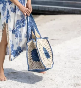 Raffia Flower Bag Blue