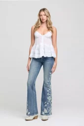 Floral Embroidered Flare Jeans - Grace In La