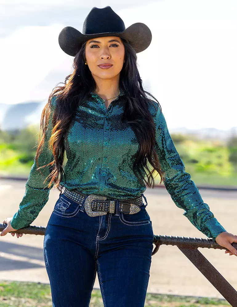 Emerald Sequin Pullover Button Up medium weight & stretch - Cowgirl TUFF