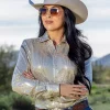 Beige Sequin Pullover Button Up medium weight & stretch - Cowgirl TUFF