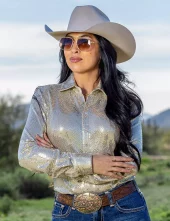 Beige Sequin Pullover Button Up medium weight & stretch - Cowgirl TUFF