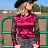Ruby Red Satin with Sheer Velvet Sleeves Pullover Button Up - Cowgirl Tuff