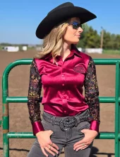 Ruby Red Satin with Sheer Velvet Sleeves Pullover Button Up - Cowgirl Tuff