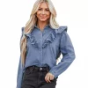 Ranch Life - Dusk Blue Denim Ruffled Casual Top