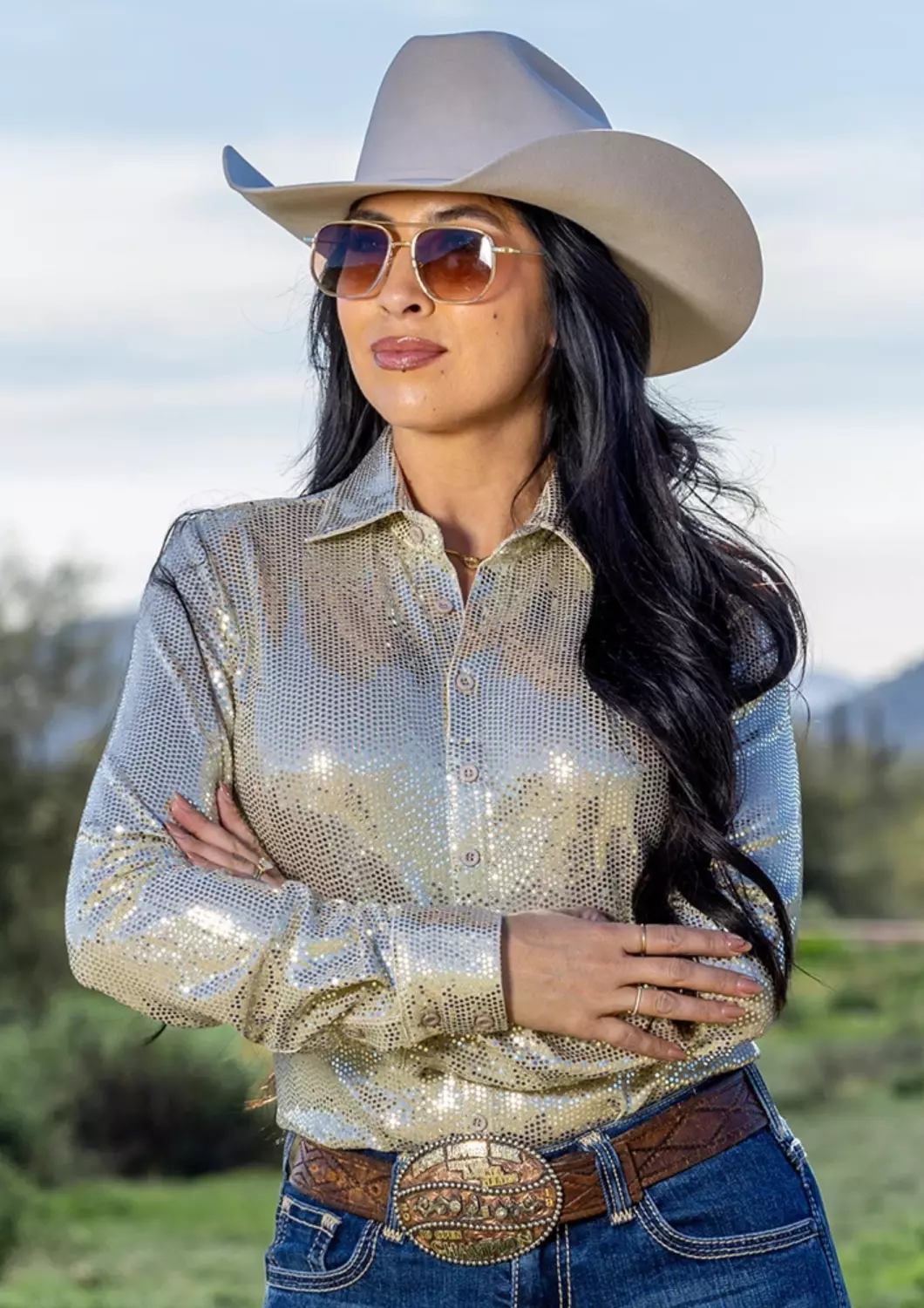 Beige Sequin Button Up - Cowgirl TUFF