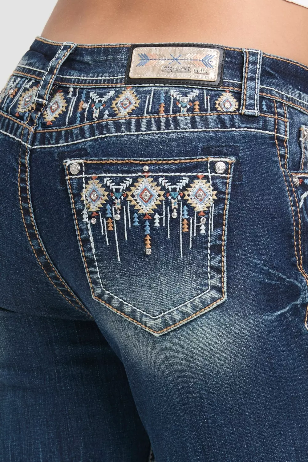 Grace in LA Aztec Colored Embroidery Yoke Bootcut Jeans