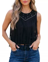 Black Button Fringe Sleeveless Top - Ranch Life