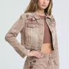 Camel Floral Embroidered Denim Jacket - Grace In La