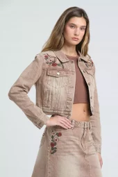 Camel Floral Embroidered Denim Jacket - Grace In La