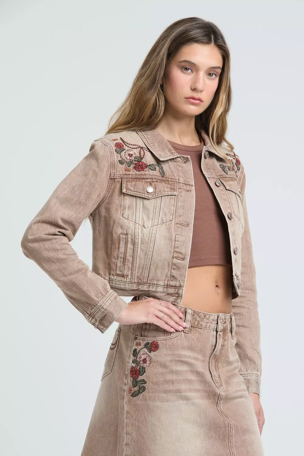 Camel Floral Embroidered Denim Jacket - Grace In La