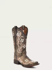 FADED BLACK MULTI COLOR FLORAL EMBROIDERY SQUARE TOE CIRCLE G COWBOY BOOT - Circkle G