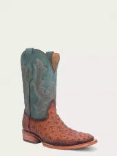 EMBROIDERY COGNAC FULL QUILL OSTRICH WIDE SQUARE TOE NAVY BLUE COWBOY BOOT - Corral