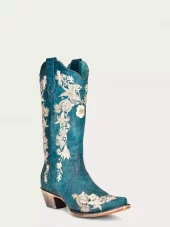 WHITE FLORAL EMBROIDERY WITH CRYSTALS NAVY BLUE SNIP TOE COWBOY BOOT - Corral