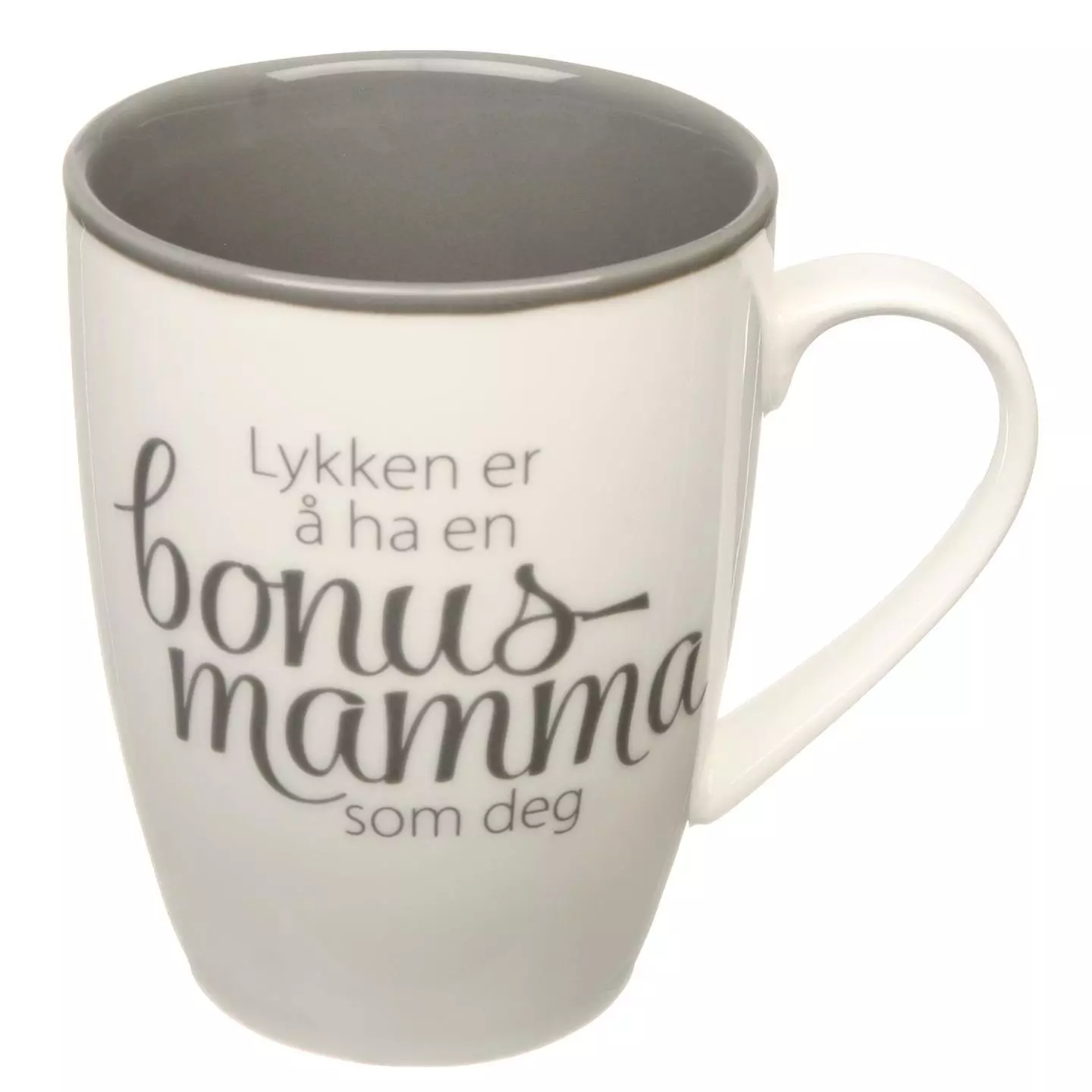 Krus, hvit m/grå, Lykken er å ha en bonusmamma som deg. Utsolgt fra leverandør!