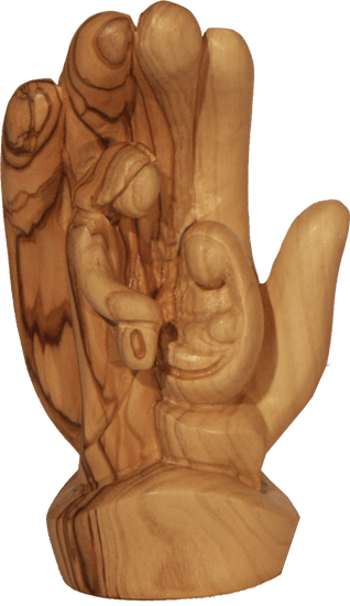 Julekrybbe, oliventre, Den hellige familie i Guds hånd, 15 cm