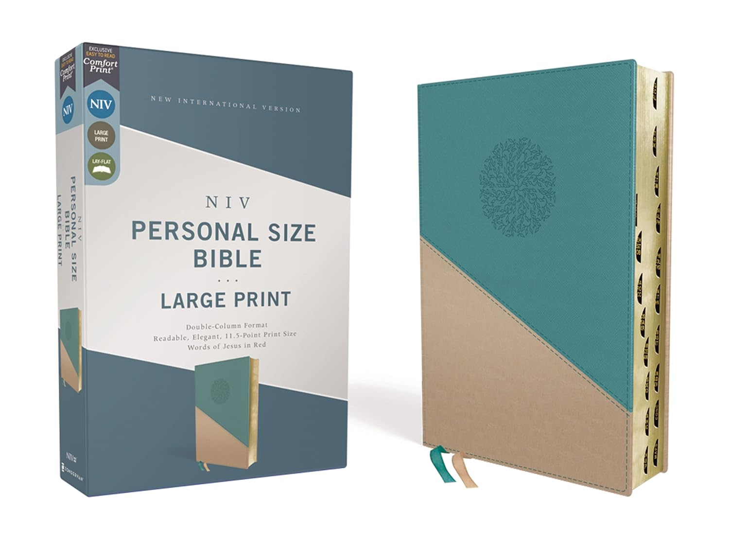 NIV - Personal Size Bible, Large Print, Leathersoft, Teal/Gold, Red Letter, Thumb Indexed, Comfort P