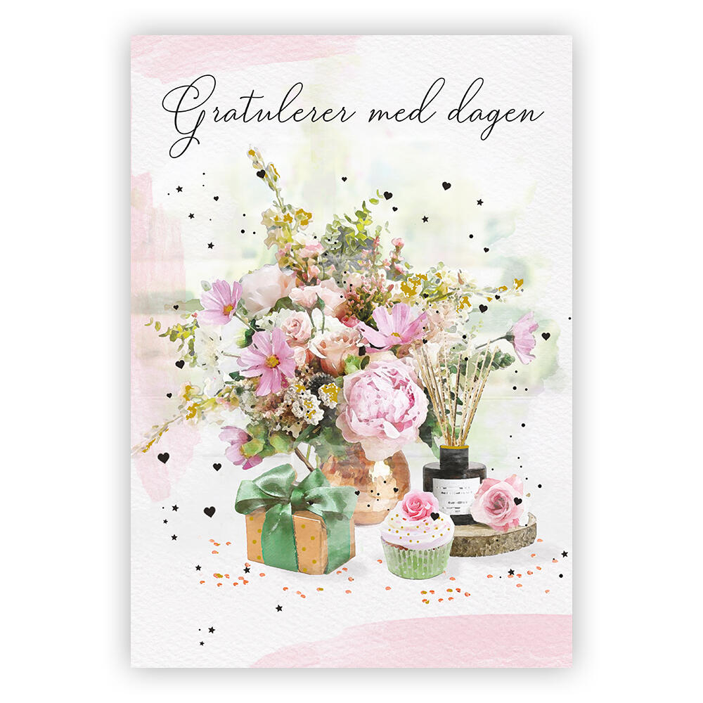 Gratulerer med dagen. Dobbelt kort m/konv, 11,5x16,5 cm (306432)