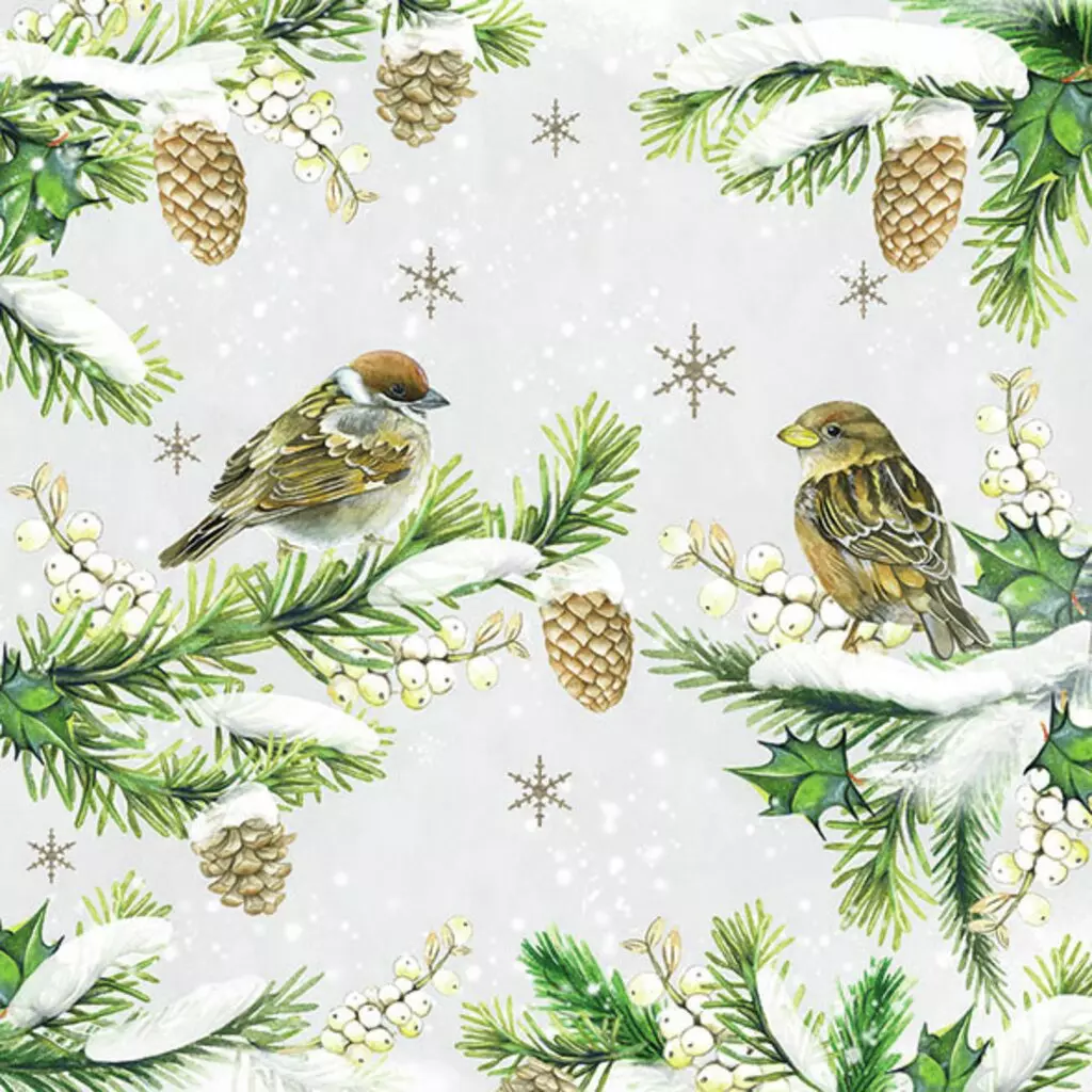 Servietter Lunsj, Ambiente, Sparrows in Snow (33x33 cm, 20 stk)