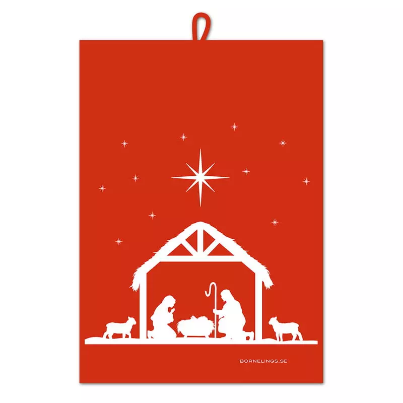 Kjøkkenhåndkle, Julekrybbe, rødt (BP782)