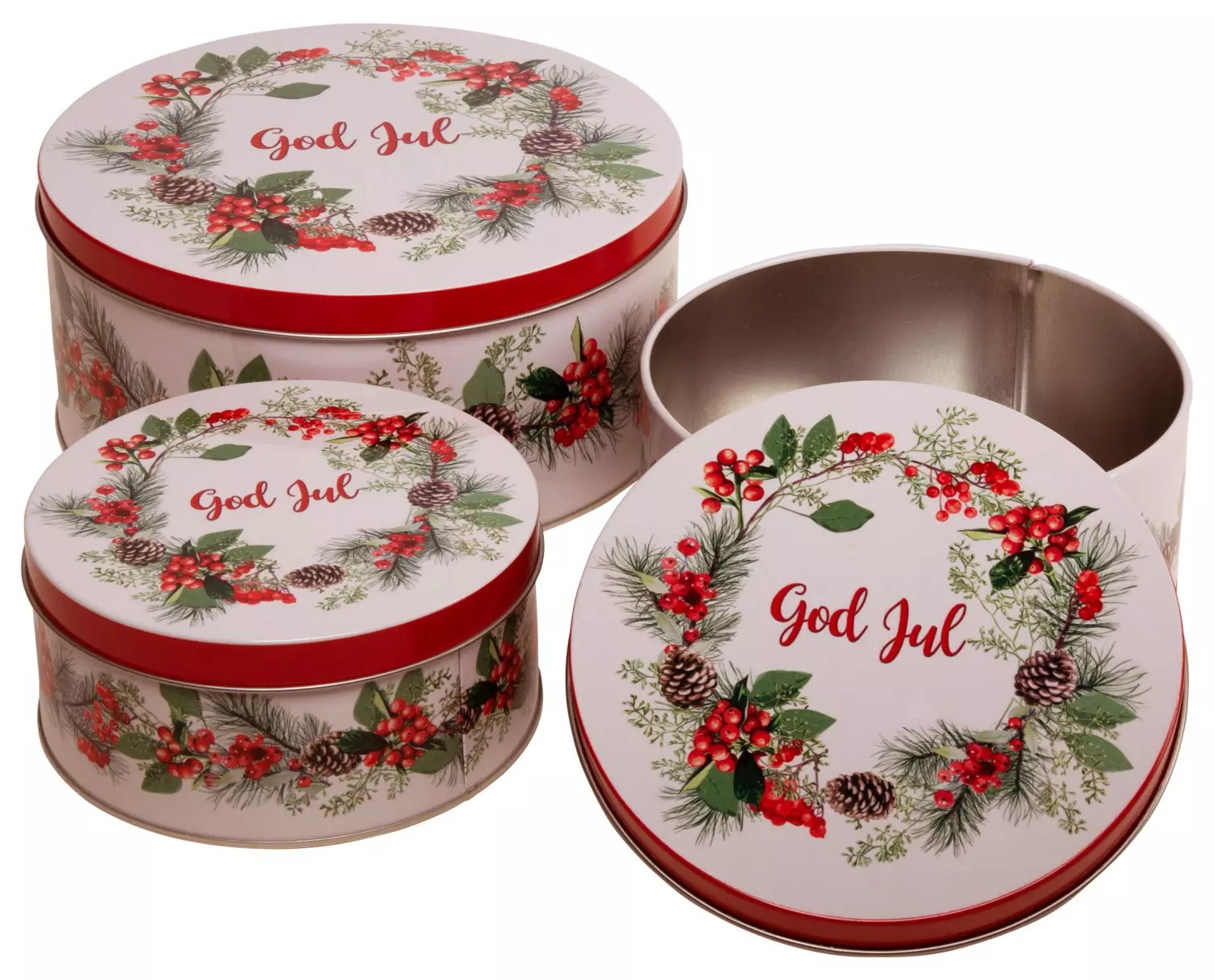 Boks metall, Krans God Jul, Sett m/3 stk: Ø 14x6,5 cm + Ø 16x7 cm + Ø 20x9 cm