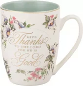 Krus, Hvit keramikk, Give Thanks to the Lord, Psalm 107:1, 355 ml (MUG 988)