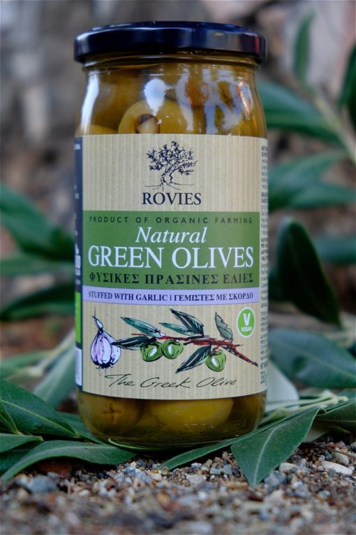 Oliven, grønne m/hvitløk, 200 g, økologisk, Rovies
