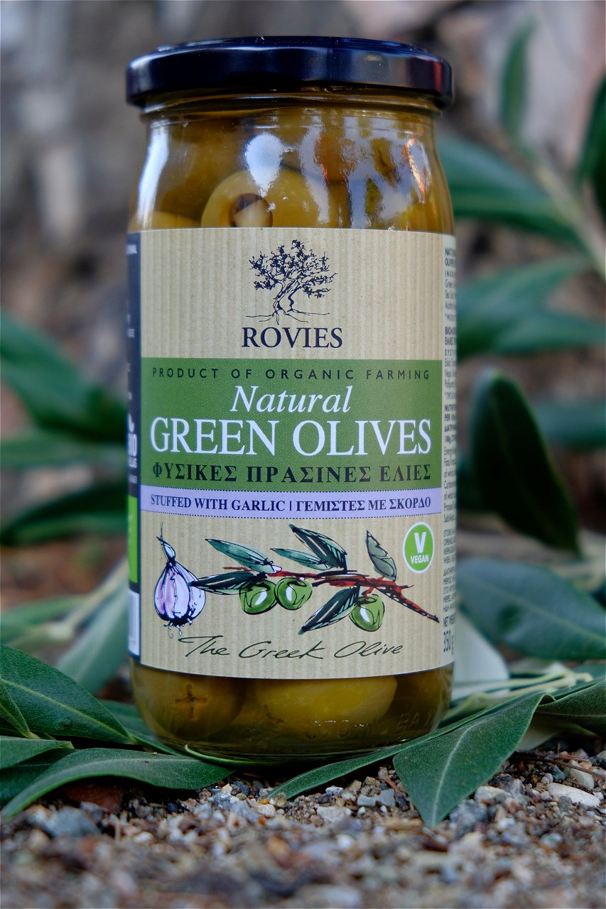 Oliven, grønne m/hvitløk, 200 g, økologisk, Rovies