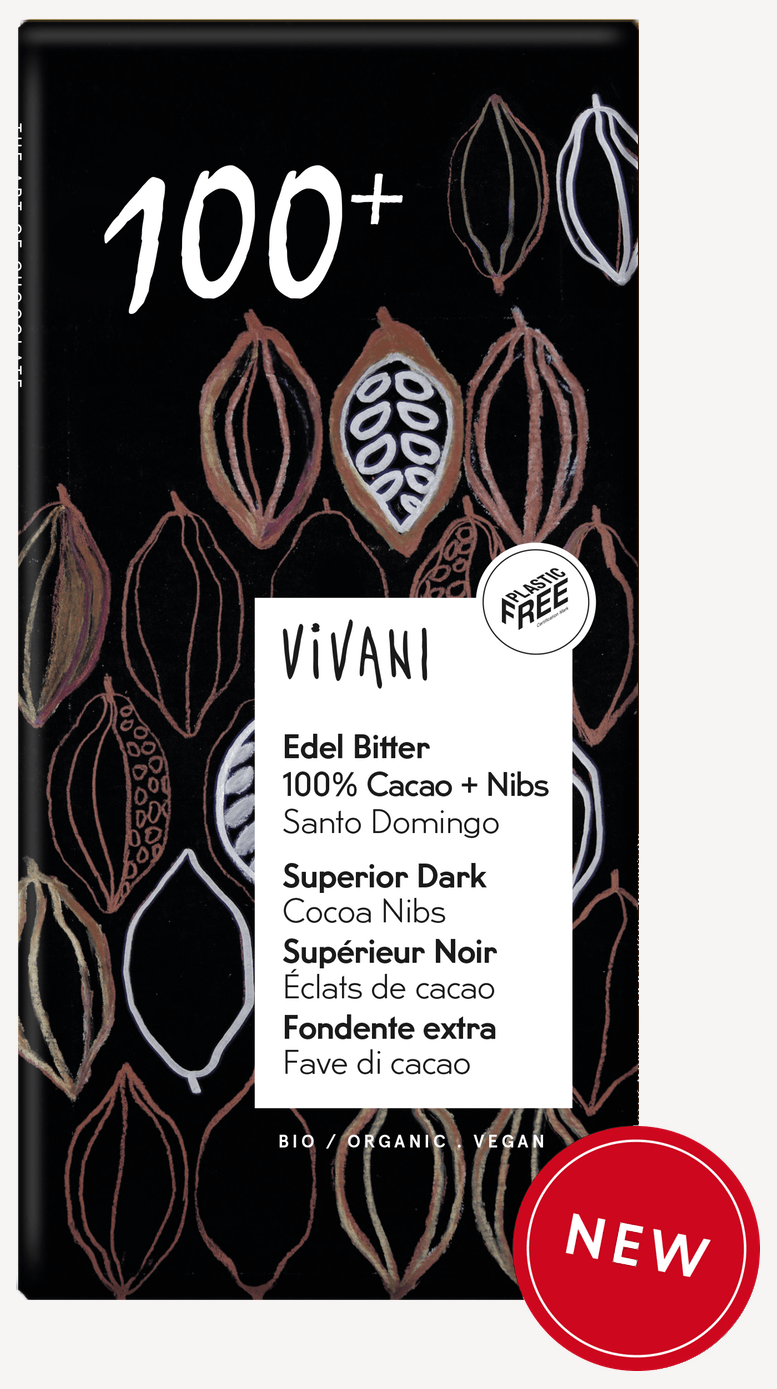 Mørk sjokolade m/kakaonibs, 100%, 80 g, vegan, økologisk, Vivani