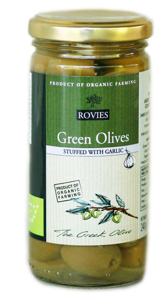 Oliven, grønne m/hvitløk, 200 g, økologisk, Rovies