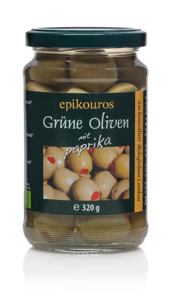 Oliven, grønne m/paprika, 320 g, økologisk, Epikouros