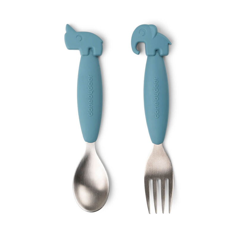 Easy-grip spoon and fork set Deer friends Blue