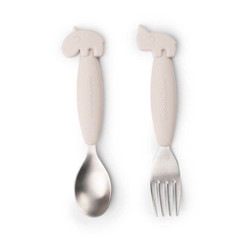 Easy-grip spoon and fork set Deer friends Sand