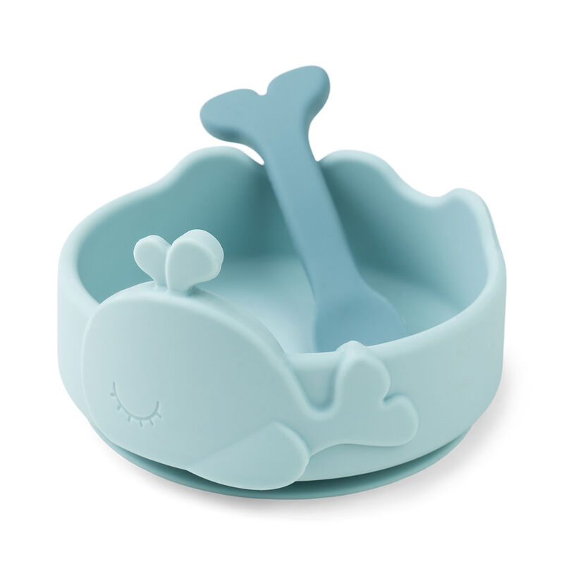 Silicone Stick&Stay bowl & baby spoon Wally Blue