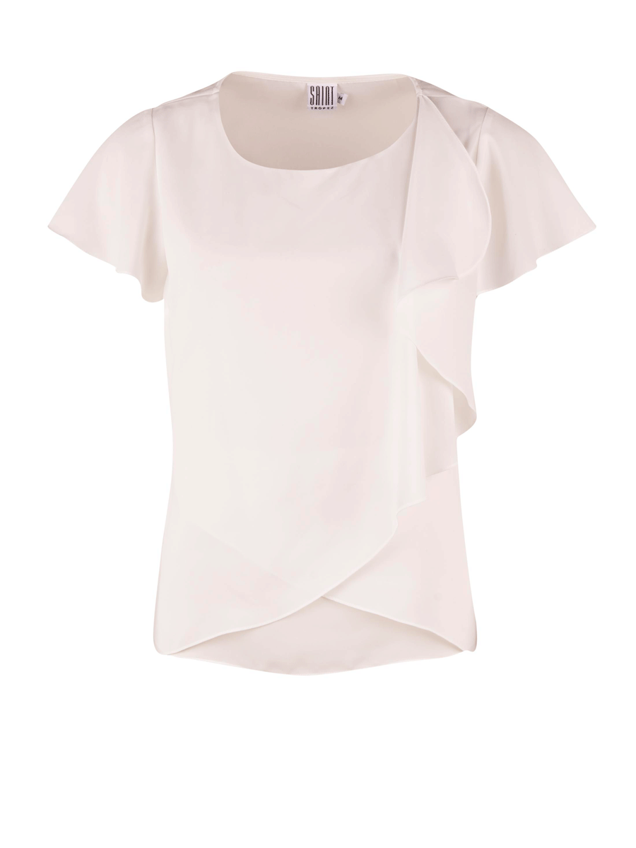 Saint Tropez offwhite chiffon topp, kort erme og volanger Saint Tropez hvit t skjorte med kunst trykk i fronten, flott
