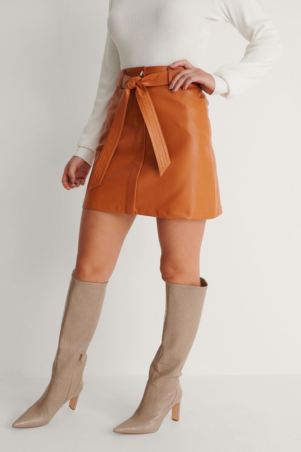NA-KD Belted PU Mini Skirt, orange