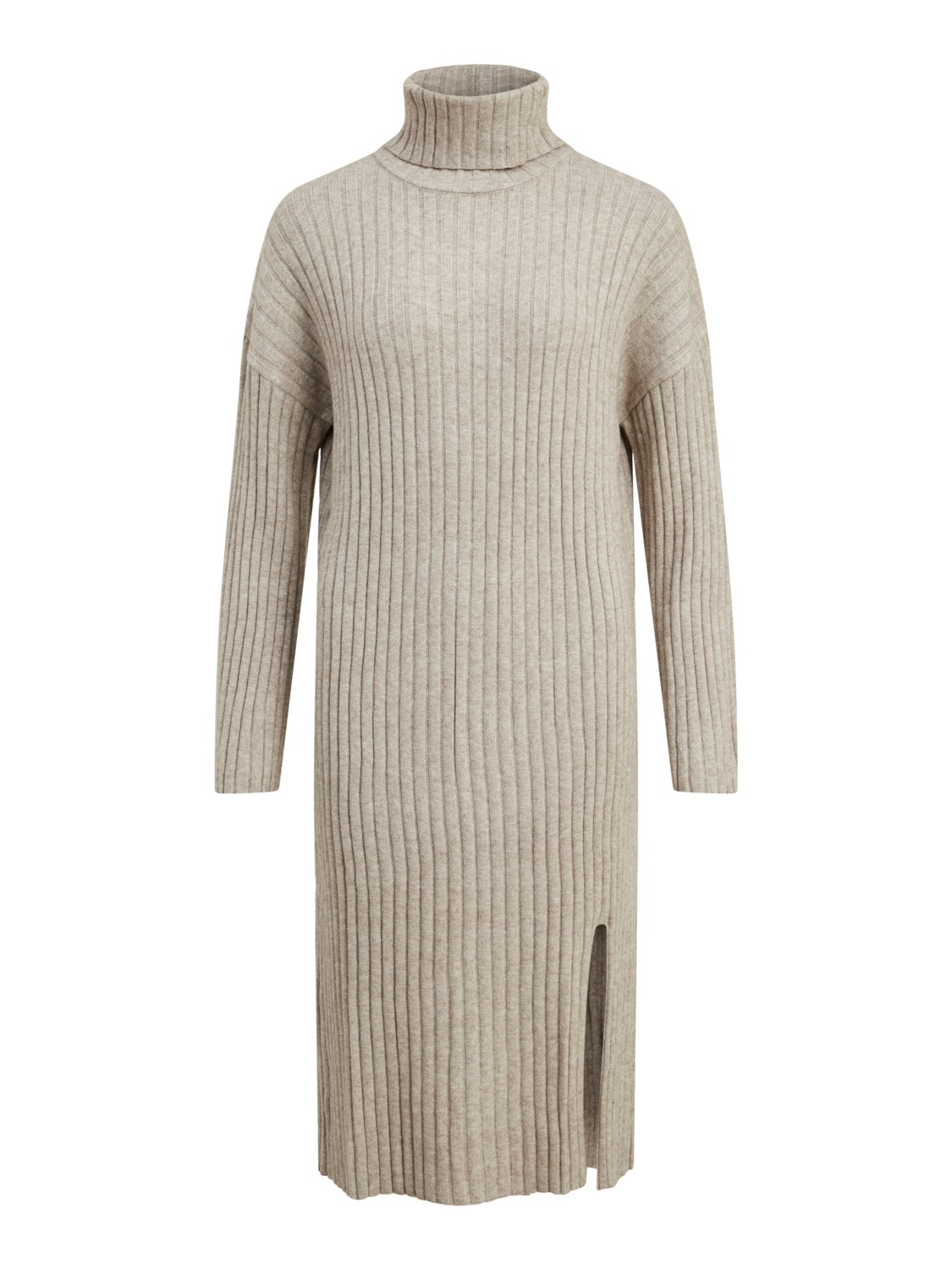 Vila ViRil rollneck L/S slit knit dress, beige strikkekjole