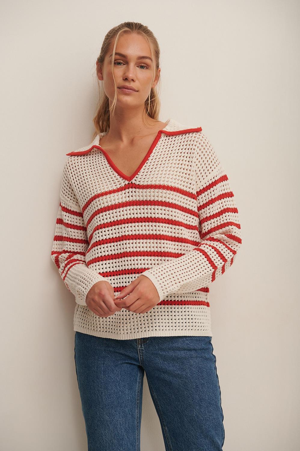 NA-KD Crochet Knitted Sweater, hvit/rød