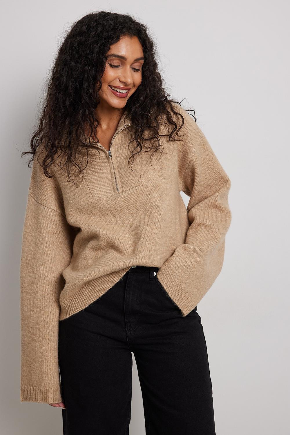 NA-KD Wool Knitted Zip Up Sweater, sand