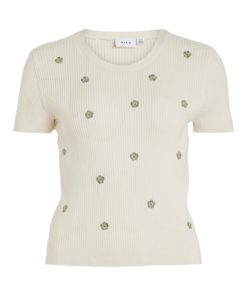 Vila Astori s/s Knit Top, offwhite m/broderi