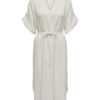 JDY Petra S/S Midi V-neck Dress, linen blend, offwhite/stripet
