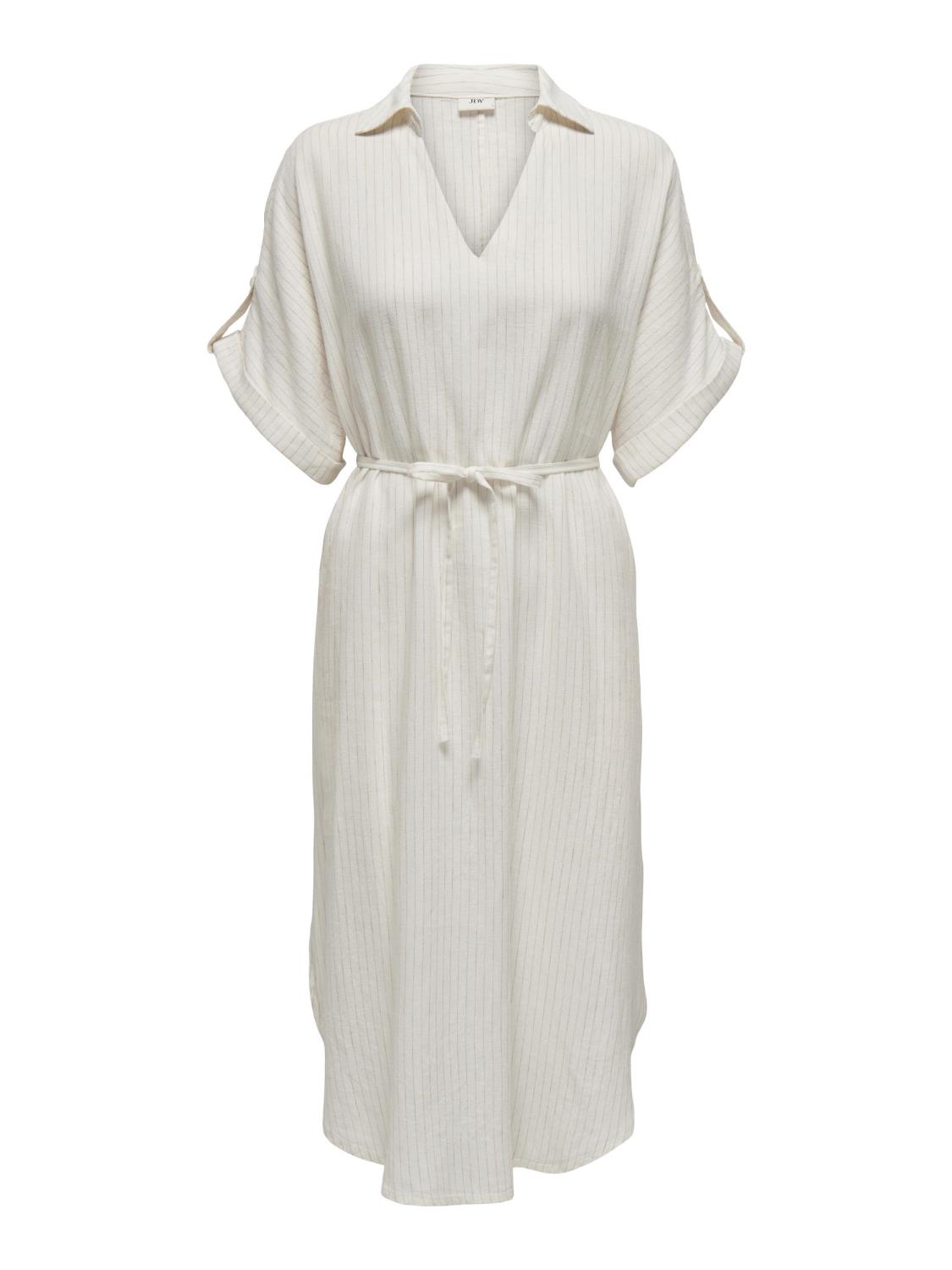 JDY Petra S/S Midi V-neck Dress, linen blend, offwhite/stripet