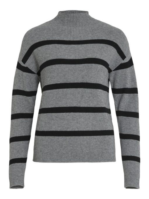 Vila ViRil Mockneck L/S Knit Rib Top, grå/sort stripet