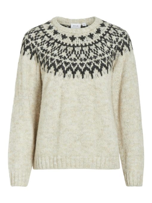 Vila Viejla O-neck l/s jacquard knit top, lys beige/grå